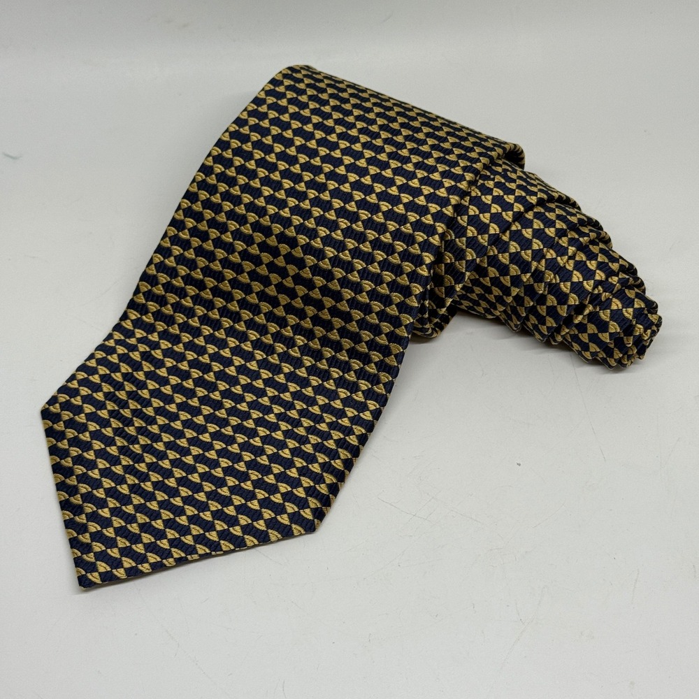 Mara‎ by Countess Mara Silk Necktie Navy Blue Gold Geometric Pattern